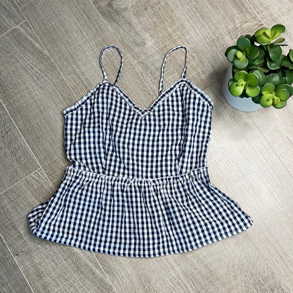 NWT SIM & SAM Navy White Gingham V-Neck Ruffle Spaghetti Strap Peplum Blouse